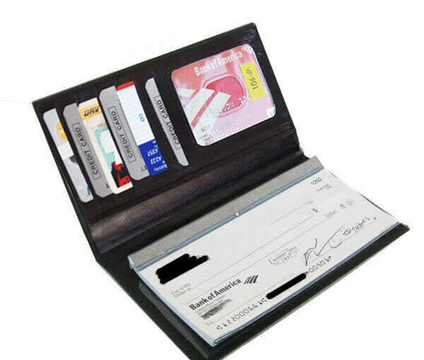 Black Genuine Leather Standard Checkbook Cover Long Wallet Credit Card Holder Men Women