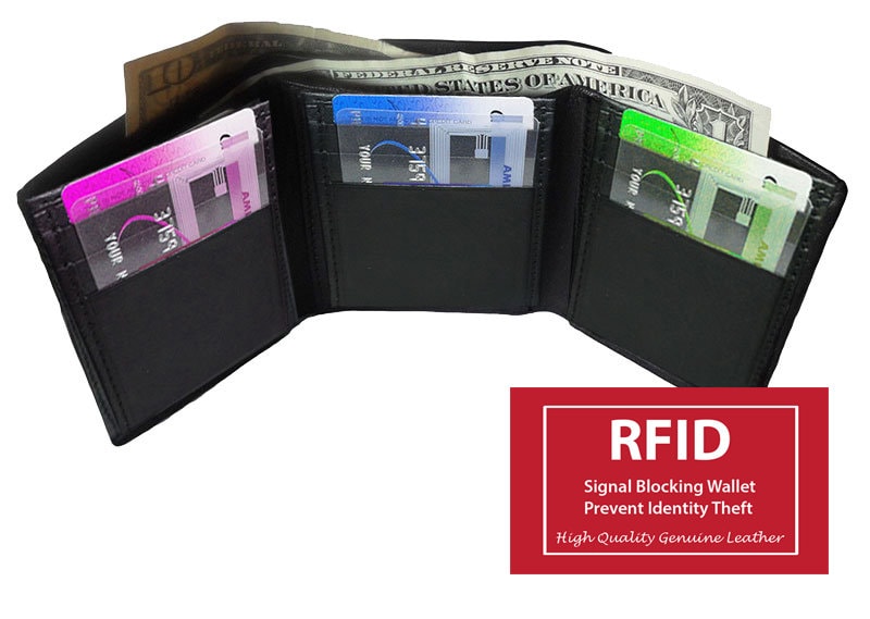 RFID Blocking Black Handcrafted Genuine Leather Mens Trifold Wallet Front Pocket ID badge Holder