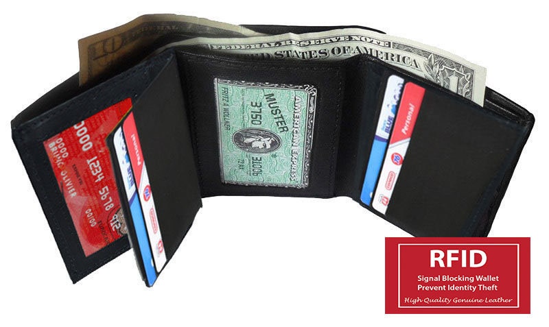 Black Genuine Leather Mens Trifold Wallet Front Pocket ID badge Holder