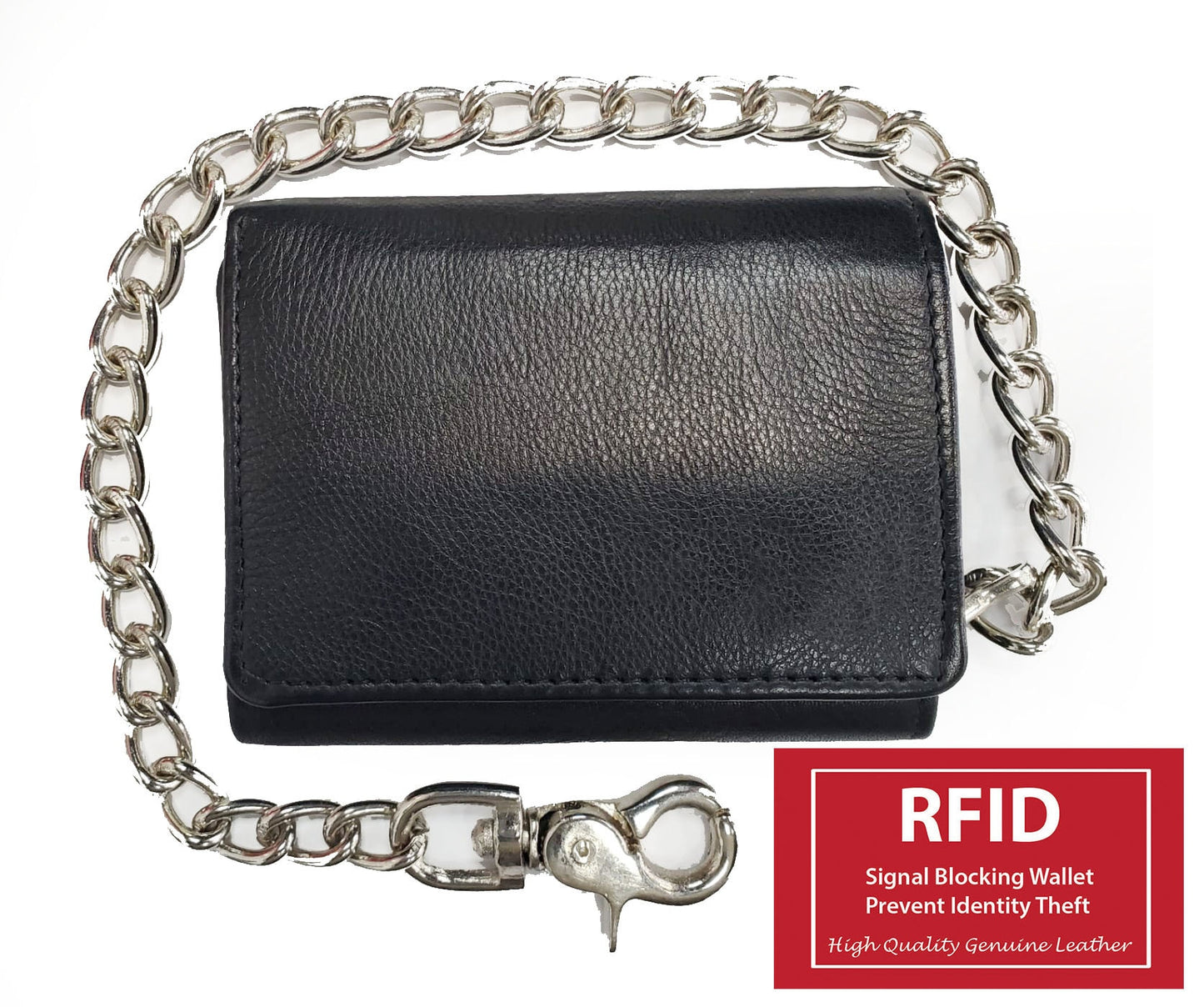 RFID Blocking Black Men's Premium Cowhide Leather Biker's Chain Trifold Wallet Trucker Motorcycle