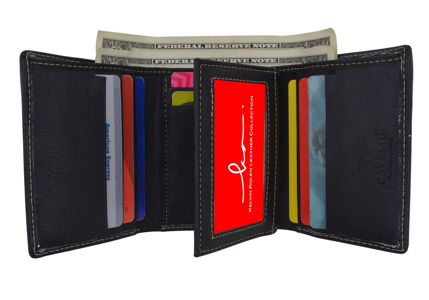 RFID Blocking Handcrafted Cowhide Genuine Leather Men's Trifold Wallet Center Flap Credit Card Wallet