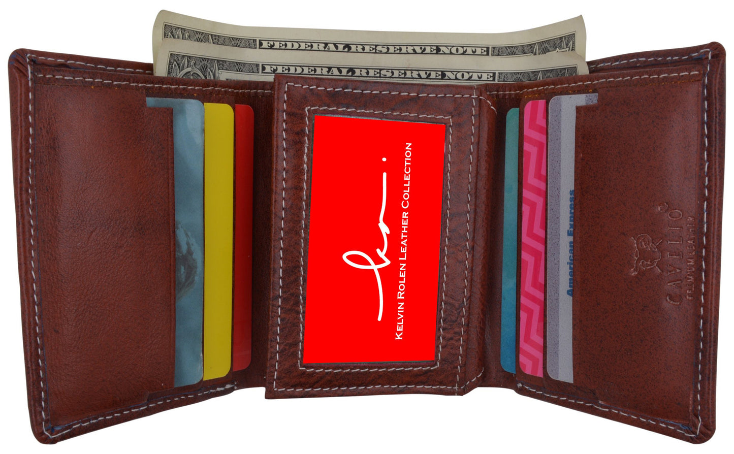 RFID Blocking Handcrafted Cowhide Genuine Leather Men's Trifold Wallet Center Flap Credit Card Wallet