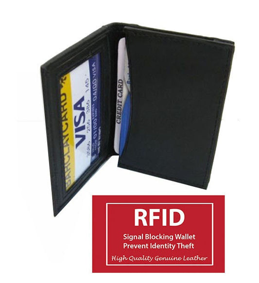 RFID Blocking Black Genuine Leather ID Credit Cards Men's Thin Wallet