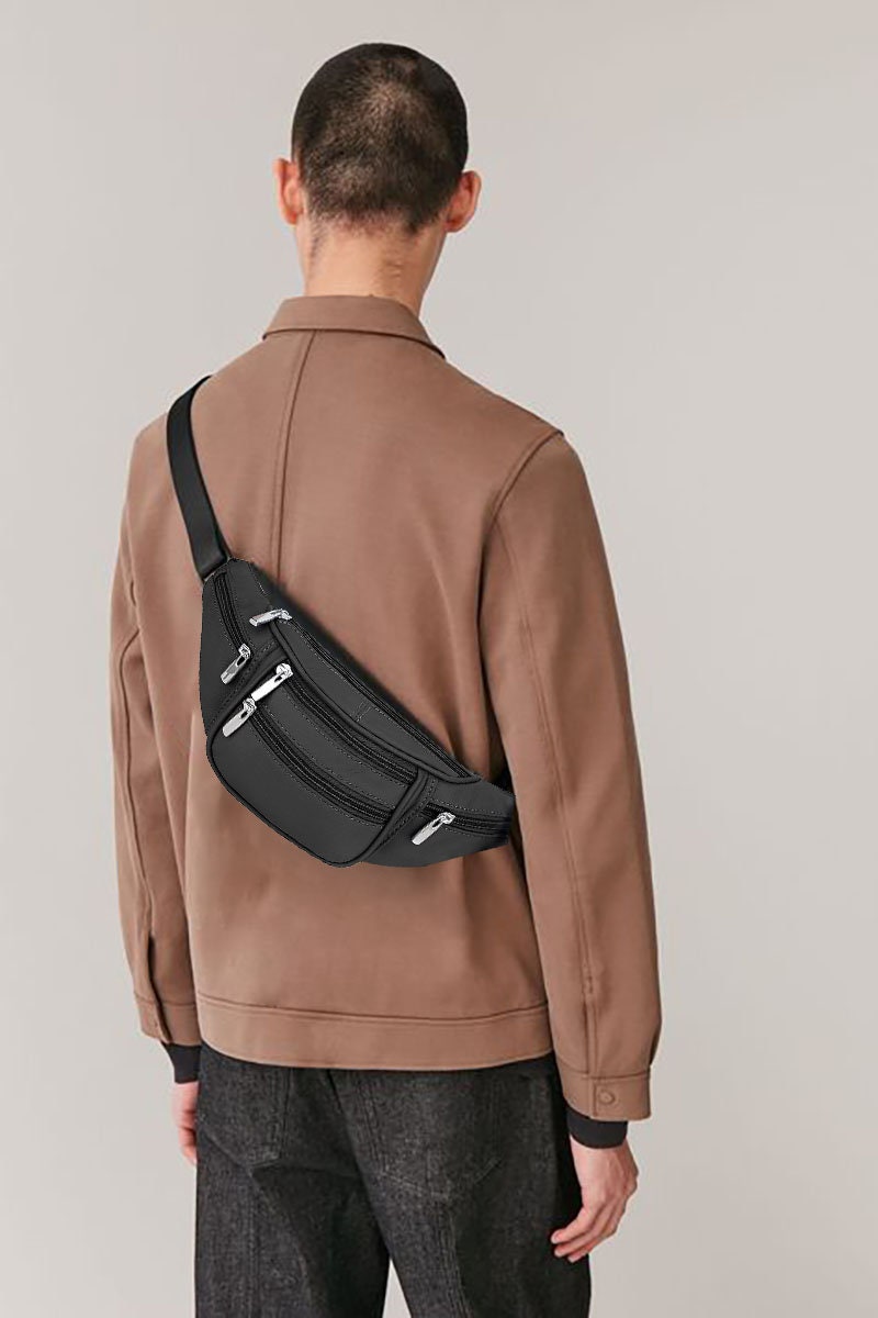 Black Leather Sport Fanny Pack Travel Waist Hip Jogging Zip Hip Bag Unisex