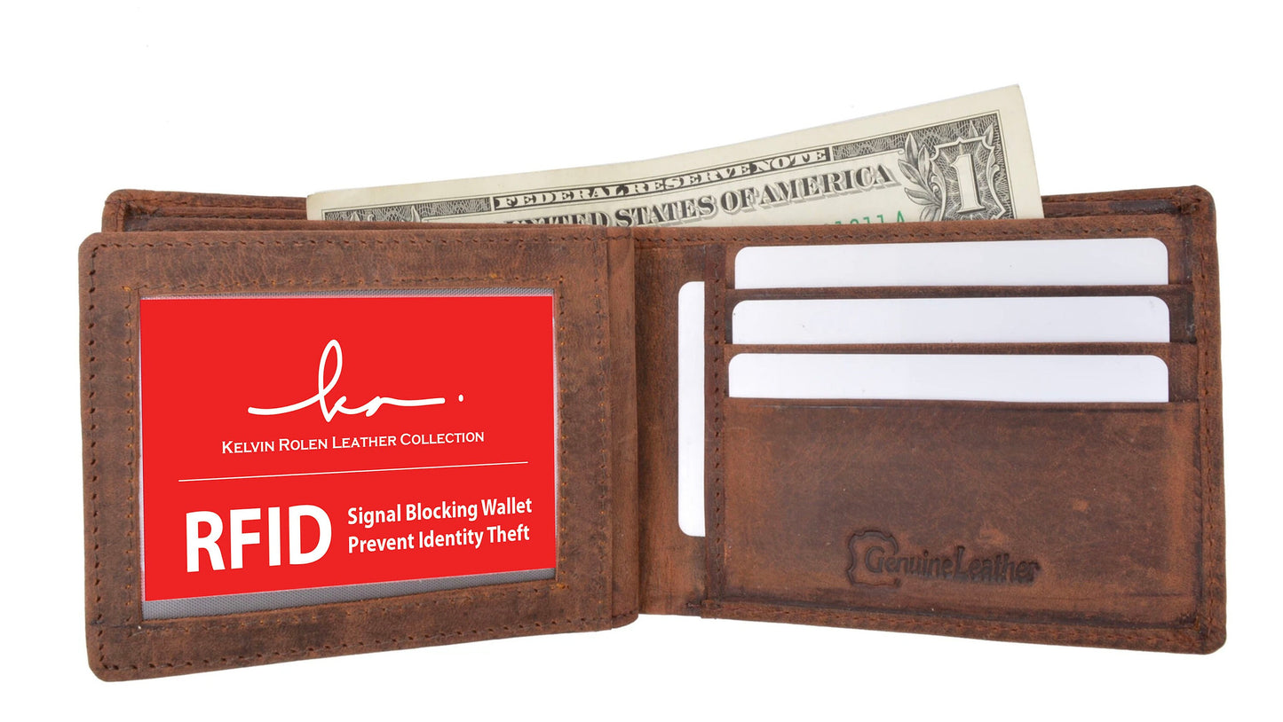 RFID Blocking Vintage Hunter Leather Men's Wallet Full Grain Cowhide Flap Top Card Holder Hunter Brown or Tan