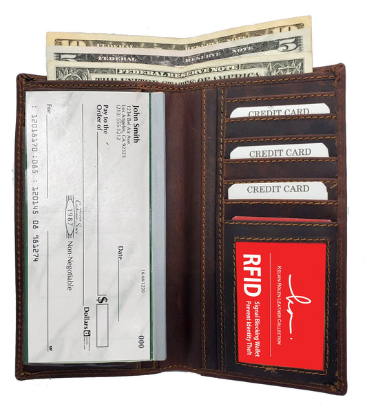 Hunter Brown Brown RFID Blocking Vintage Hunter Leather Men's Checkbook Wallet Full Grain Cowhide Center Credit Card Organizer