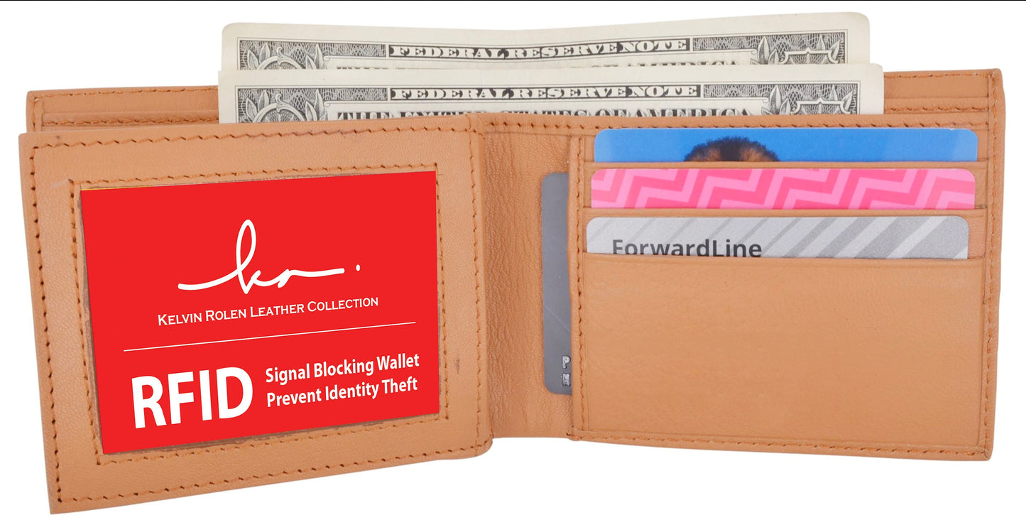 RFID Blocking Leather Men's Wallet Full Grain Cowhide Center Flap Card Holder