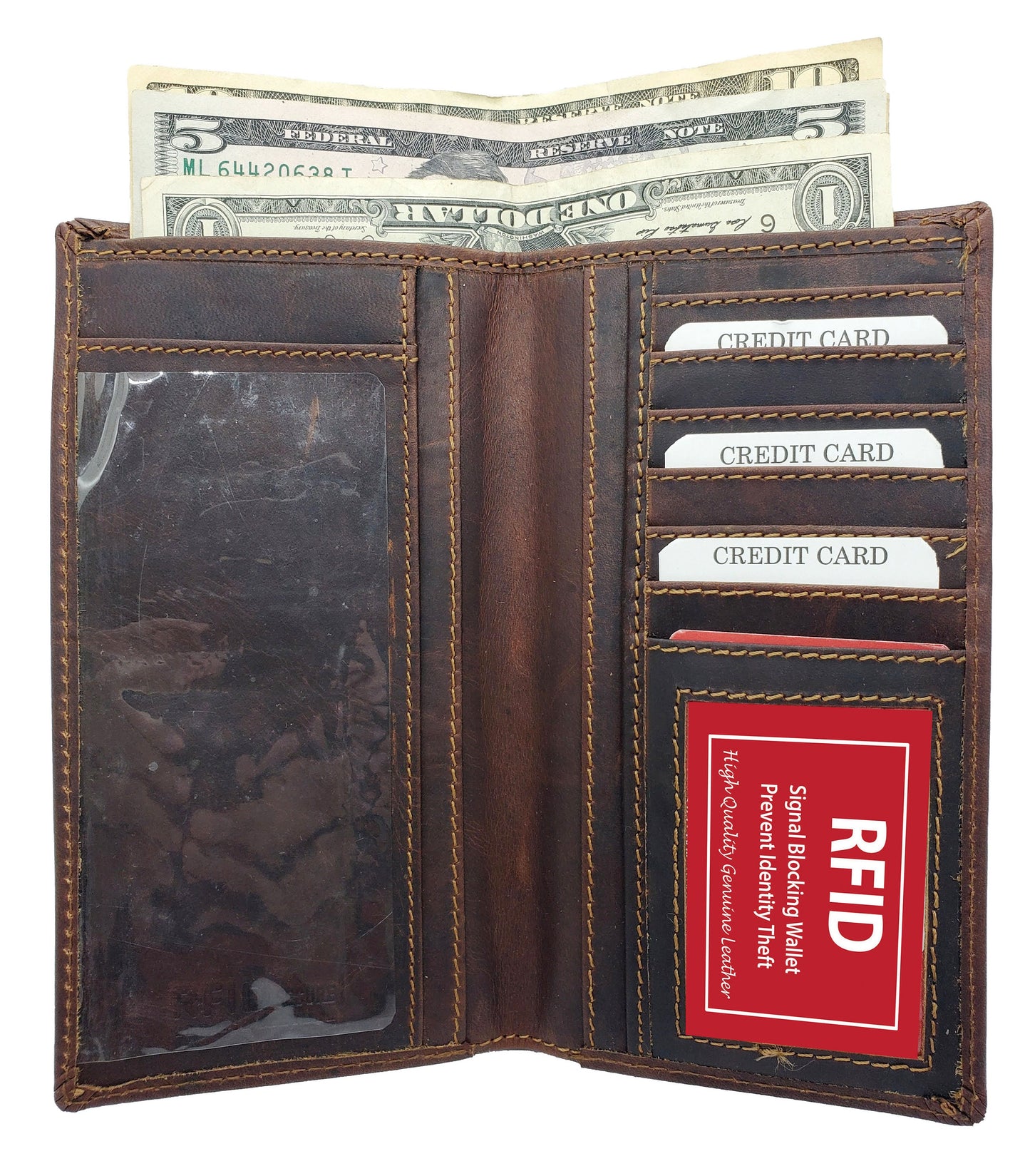 RFID Blocking Brown Hunter Leather Men's Checkbook Wallet Full Grain Cowhide Center Credit Card Cash Slot