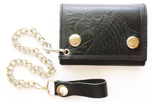 Black Full Grain Leather Men's Biker's Chain Trifold Wallet Trucker Motorcycle Plain or Eagle Print