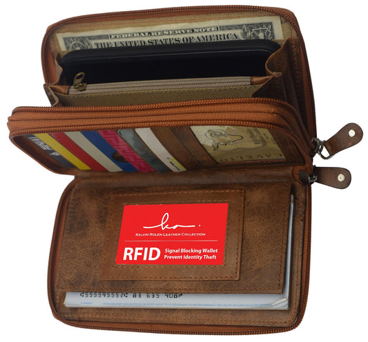 RFID Blocking Premium Leather Checkbook Secretary Accordion Wallet 2 Zipper Clutch Credit Card Organizer Hunter Leather