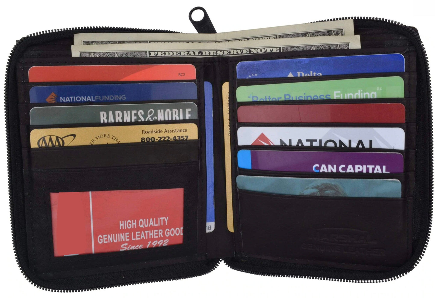 RFID Blocking Black Genuine Leather Zip-Around Men's Bifold Wallet with coin pocket