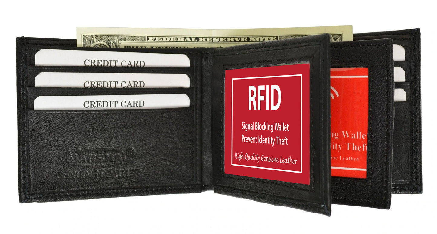RFID Blocking Genuine Leather Men's 2 Center Flap Bifold Wallet ID Credit Card ID Holder
