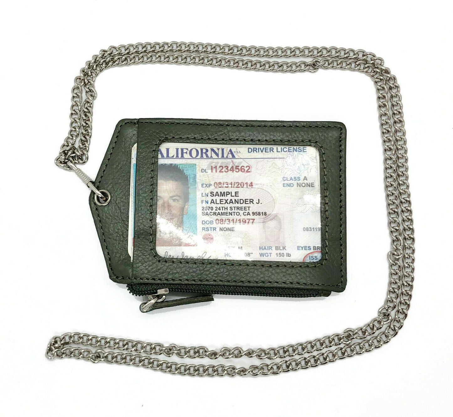 RFID Blocking Genuine Leather ID Badge Holder with Lanyard Credit Card Holder Zip Pocket Metal Chain