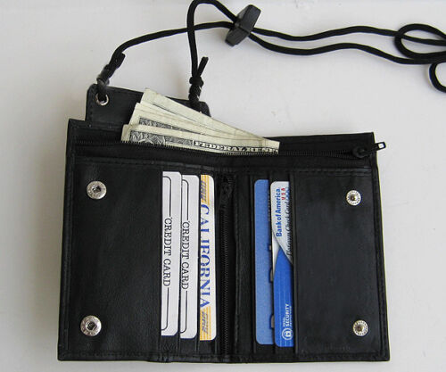 Genuine Leather ID Badge 6 Credit Cards Holder Zip Lanyard Wallet Adjustable Neck Strap