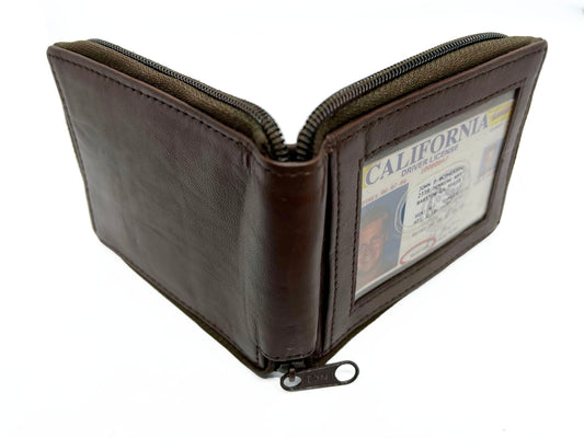 RFID Blocking Genuine Leather Men's Bifold Wallet Credit Card Holder Zip Around ID Badge