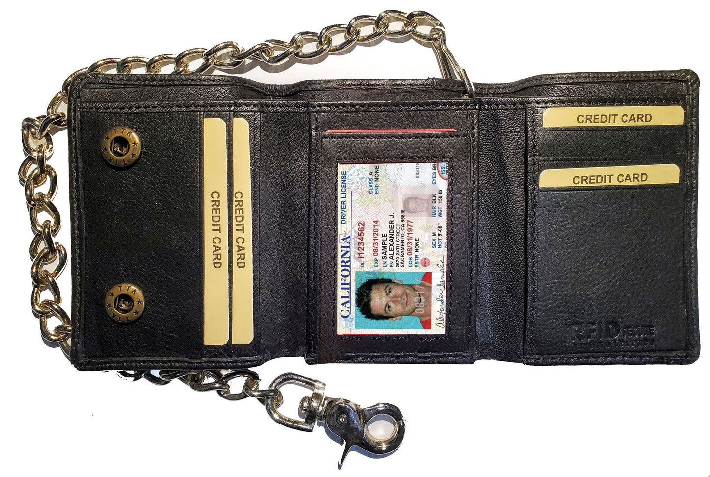 Men's Vintage Leather Biker Trifold Wallet Long Chain Trucker Motorcyclist