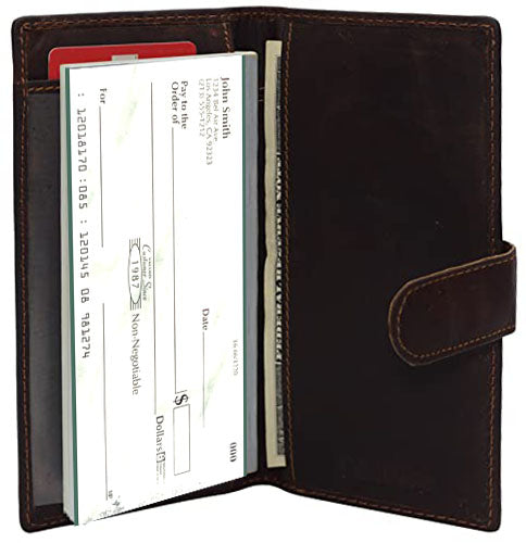 Hunter Brown RFID Blocking Genuine Leather Checkbook Wallet Strap Closed