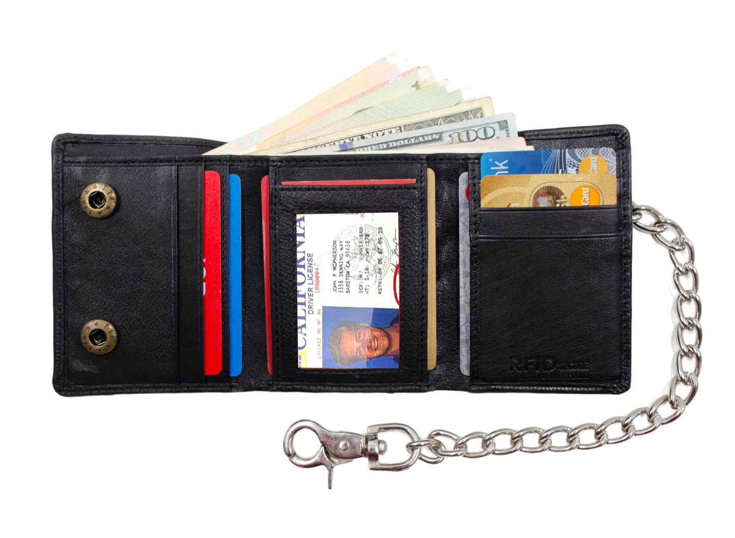 Men's Vintage Leather Biker Trifold Wallet Long Chain Trucker Motorcyclist