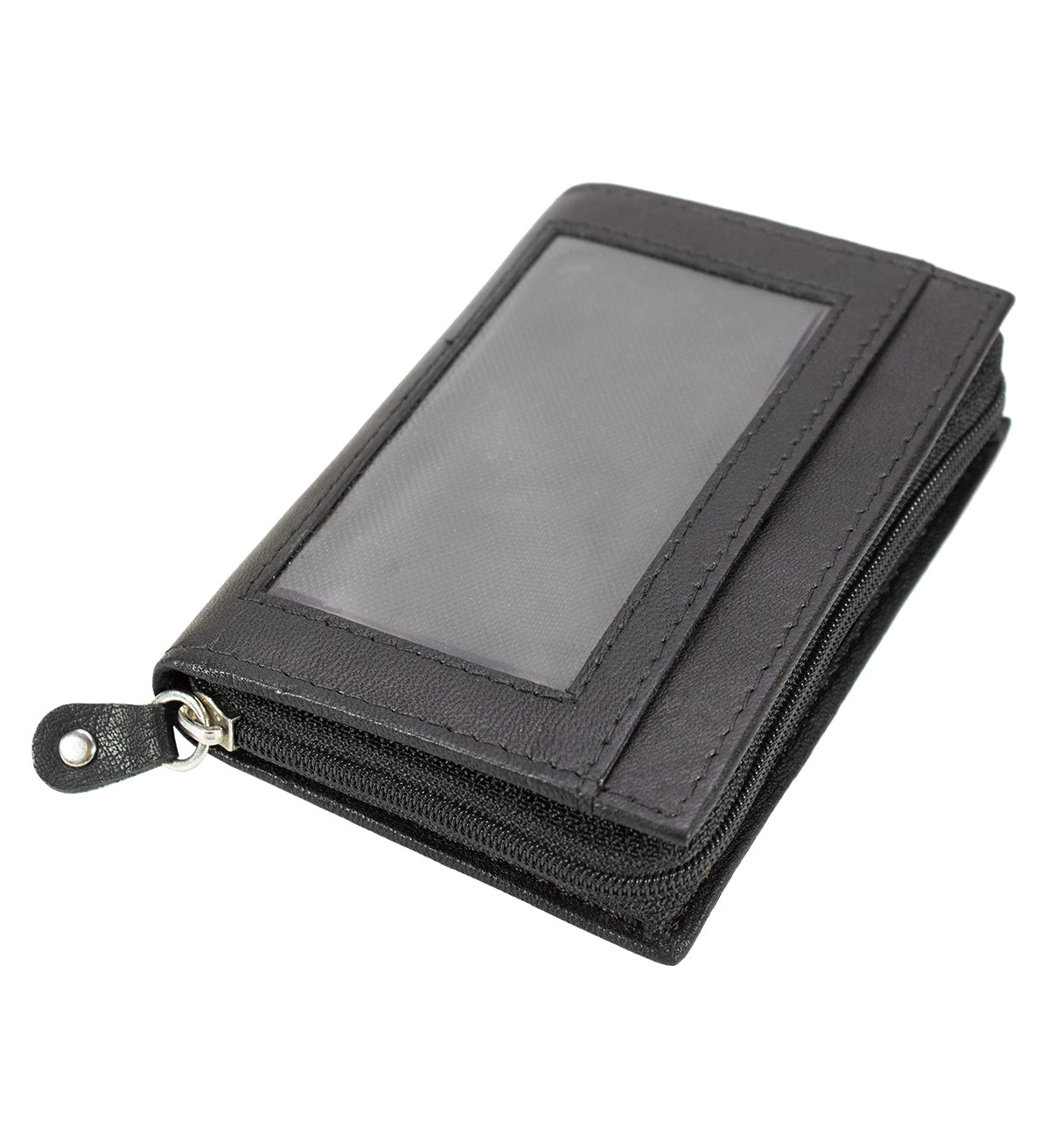 Black Leather Wallet Pocket Business Card ID Organizer Clear Sleeve Insert Zip Around