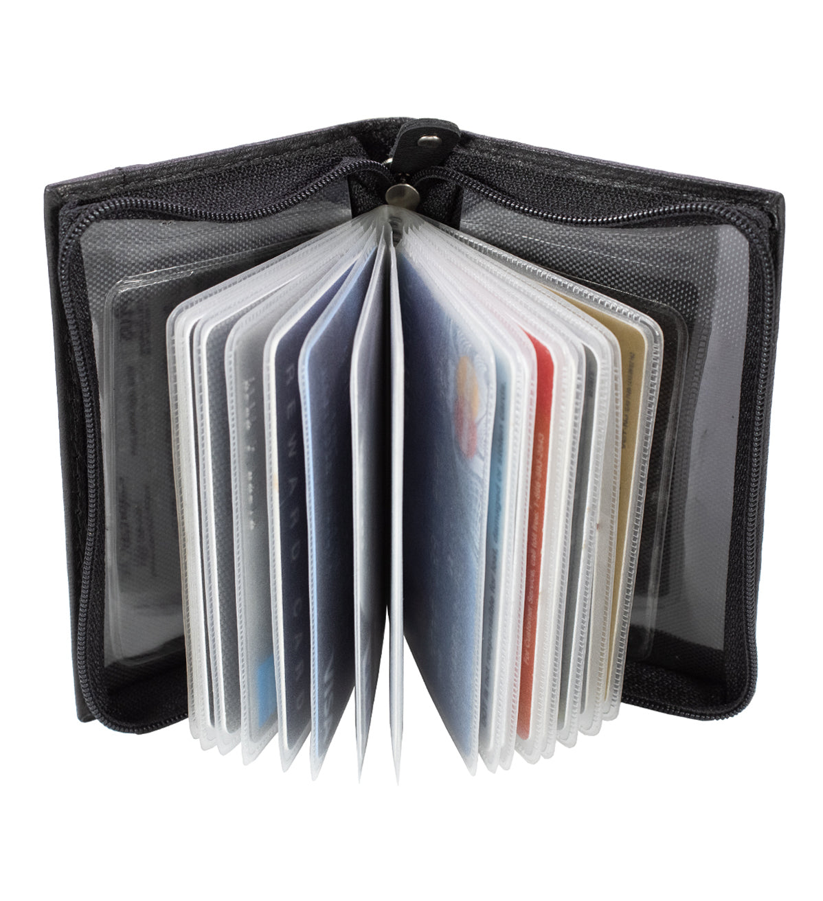 Black Leather Wallet Pocket Business Card ID Organizer Clear Sleeve Insert Zip Around