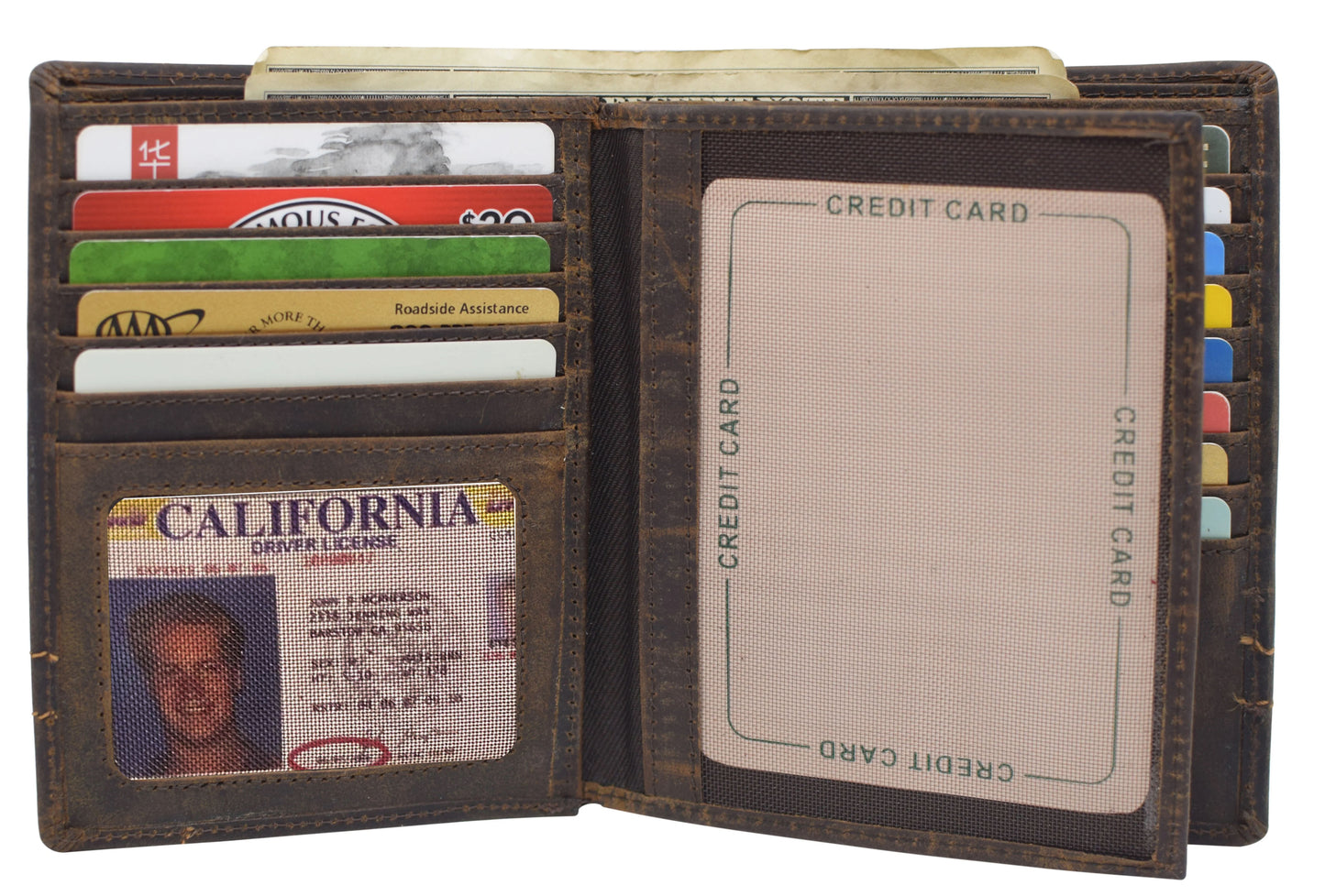 RFID Blocking Hunter Brown Genuine Leather Bifold Hipster Wallet Center Flap