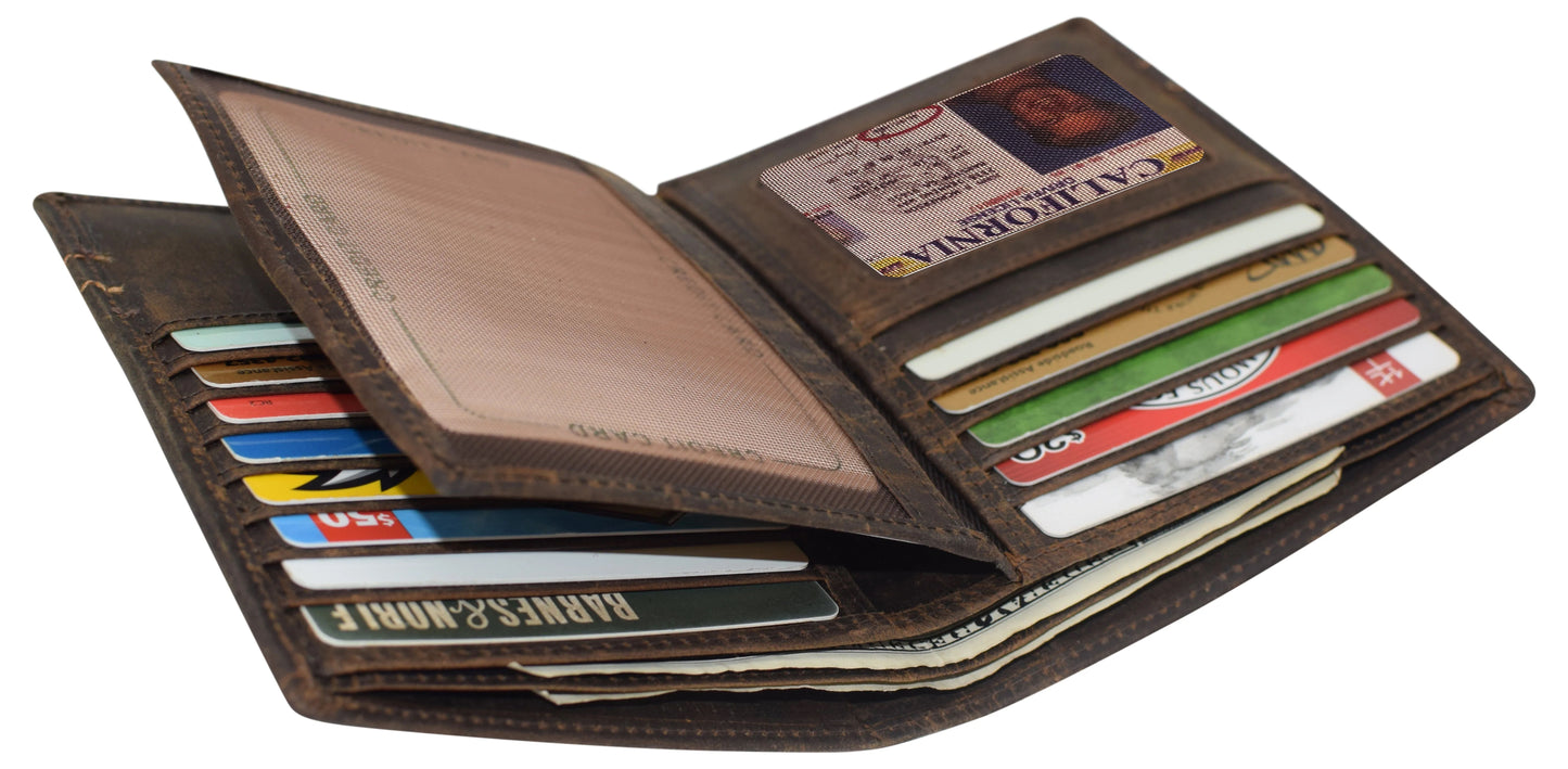 RFID Blocking Hunter Brown Genuine Leather Bifold Hipster Wallet Center Flap