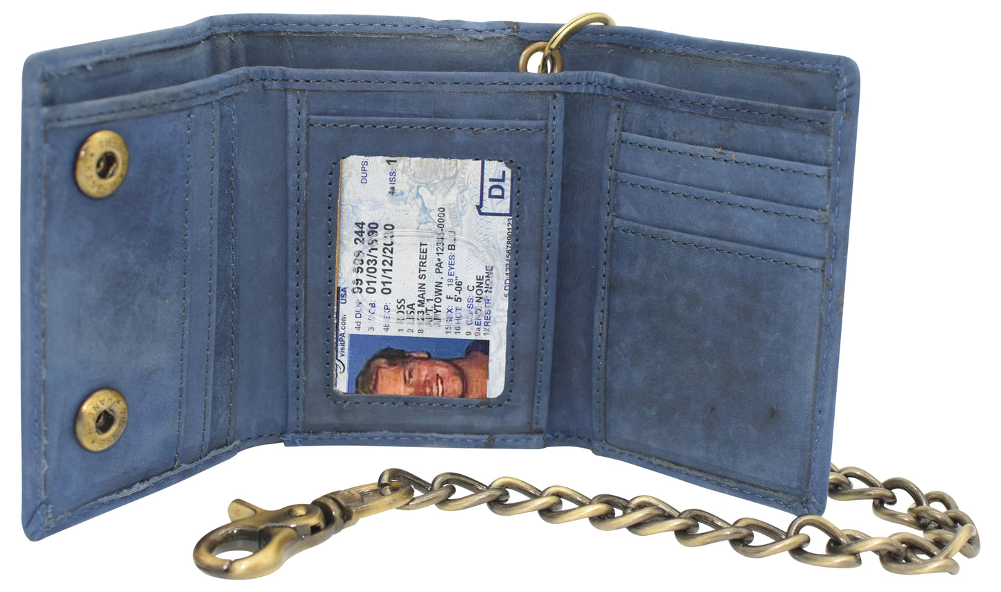 Men's Vintage Leather Biker Trifold Wallet Long Chain Trucker Motorcyclist
