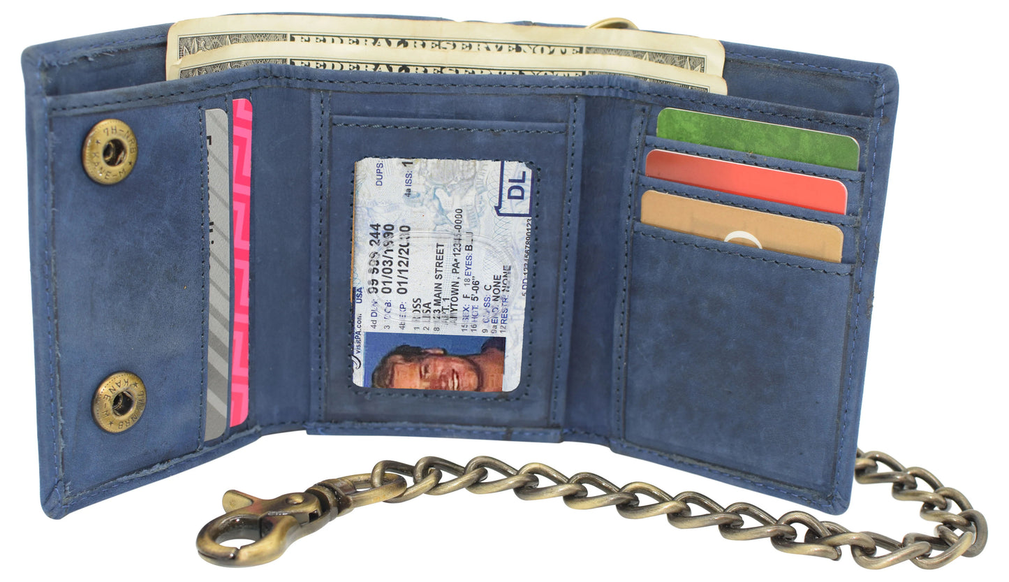 Men's Vintage Leather Biker Trifold Wallet Long Chain Trucker Motorcyclist