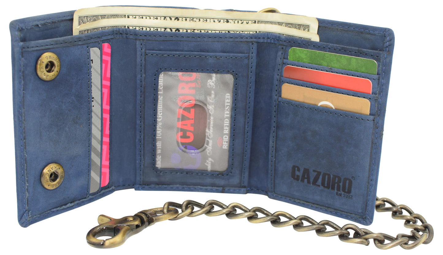 Men's Vintage Leather Biker Trifold Wallet Long Chain Trucker Motorcyclist