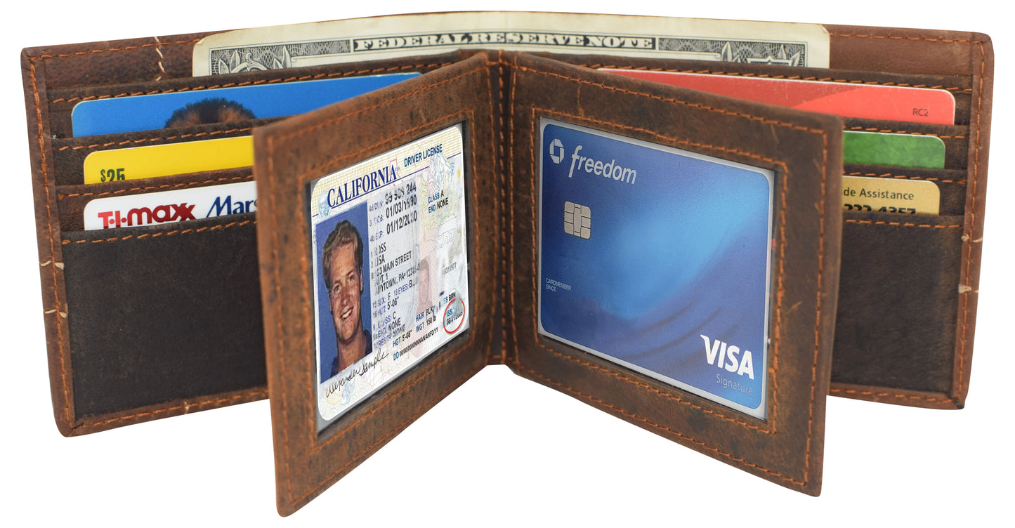 RFID Blocking Vintage Leather Bifold Wallet Double ID Windows Holder