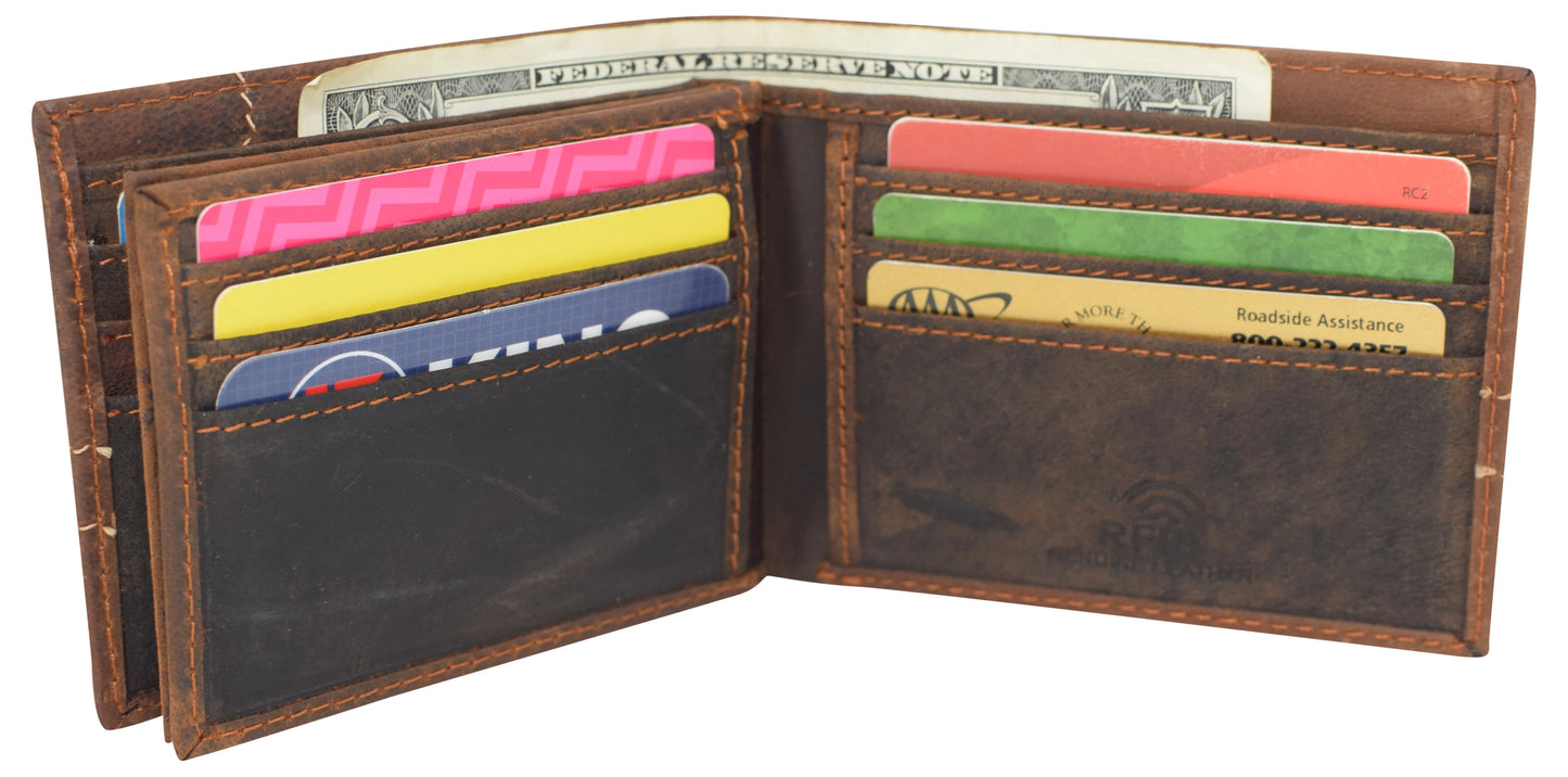 RFID Blocking Vintage Leather Bifold Wallet Double ID Windows Holder