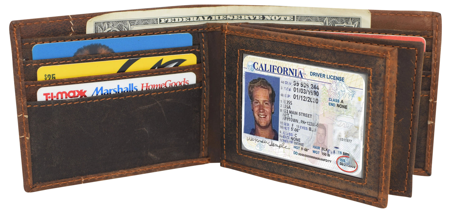 RFID Blocking Vintage Leather Bifold Wallet Double ID Windows Holder