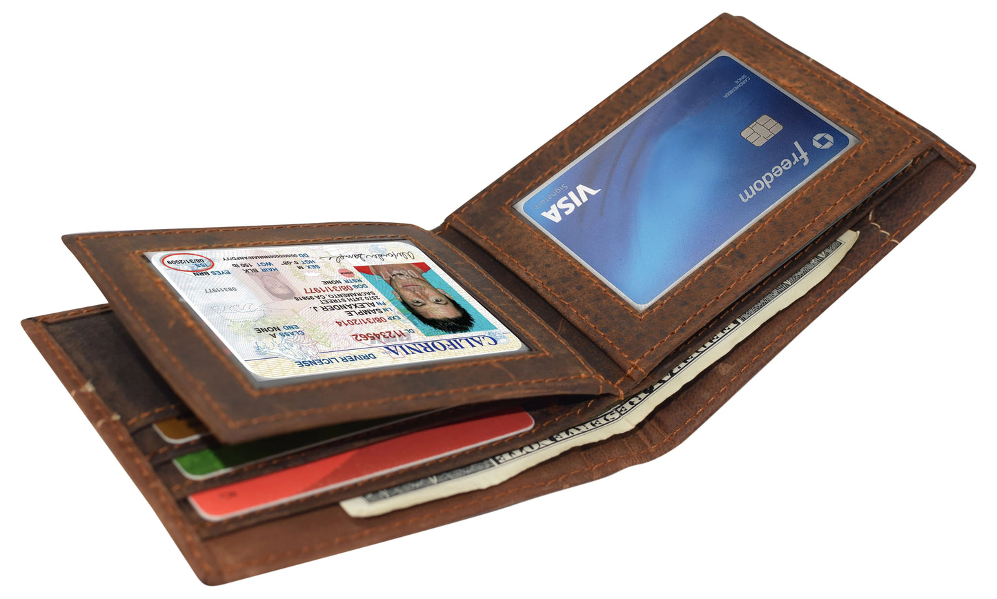 RFID Blocking Vintage Leather Bifold Wallet Double ID Windows Holder