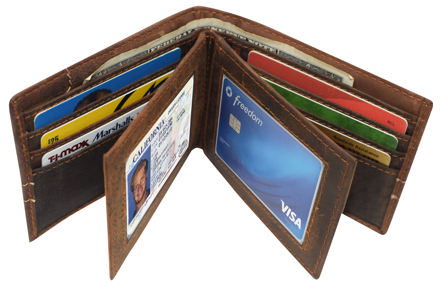RFID Blocking Vintage Leather Bifold Wallet Double ID Windows Holder