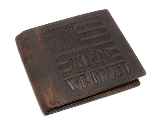 Hunter Brown RFID Blocking Leather Bifold Wallet Flip Up Patriotic American Flag