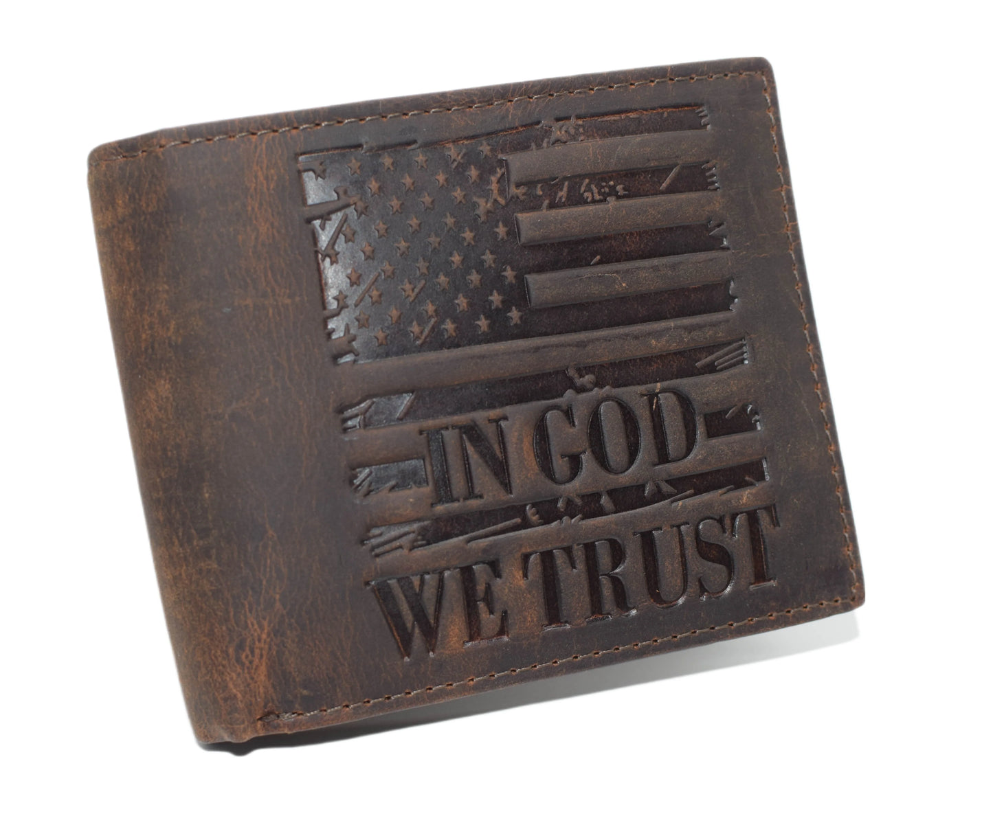 Hunter Brown RFID Blocking Leather Bifold Wallet Flip Up Patriotic American Flag