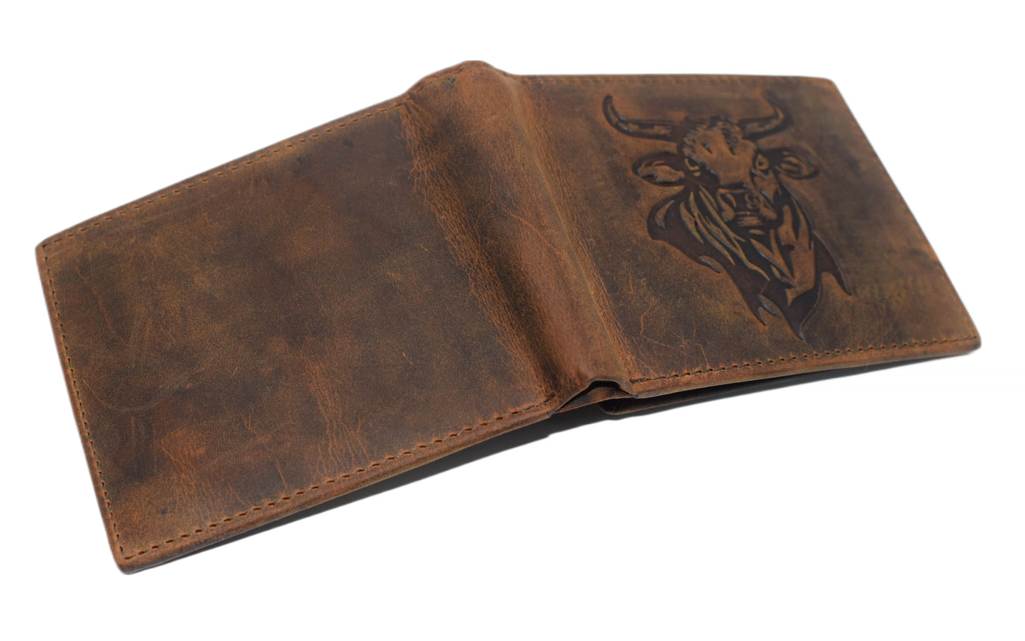 Hunter Brown RFID Blocking Leather Bifold Wallet Flip Up Patriotic Rodeo Bull