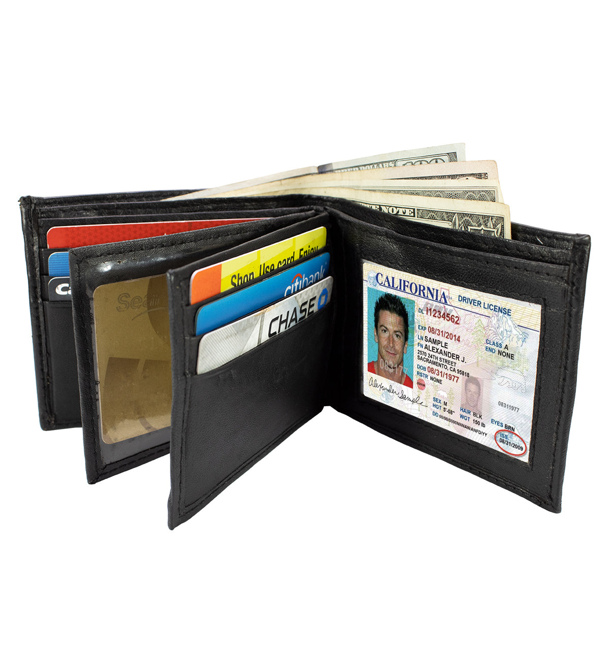 RFID Blocking Black Genuine Leather Men's Bifold Wallet Double Flap Holder