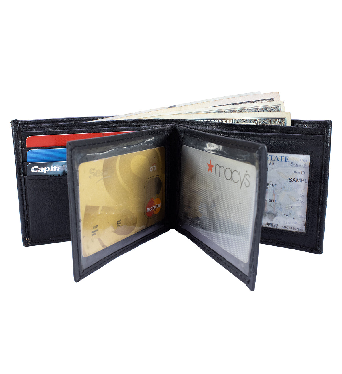 RFID Blocking Black Genuine Leather Men's Bifold Wallet Double Flap Holder