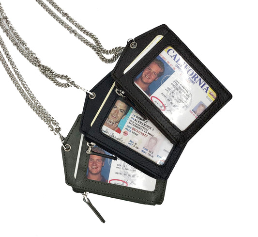 RFID Blocking Genuine Leather ID Badge Holder with Lanyard Credit Card Holder Zip Pocket Metal Chain
