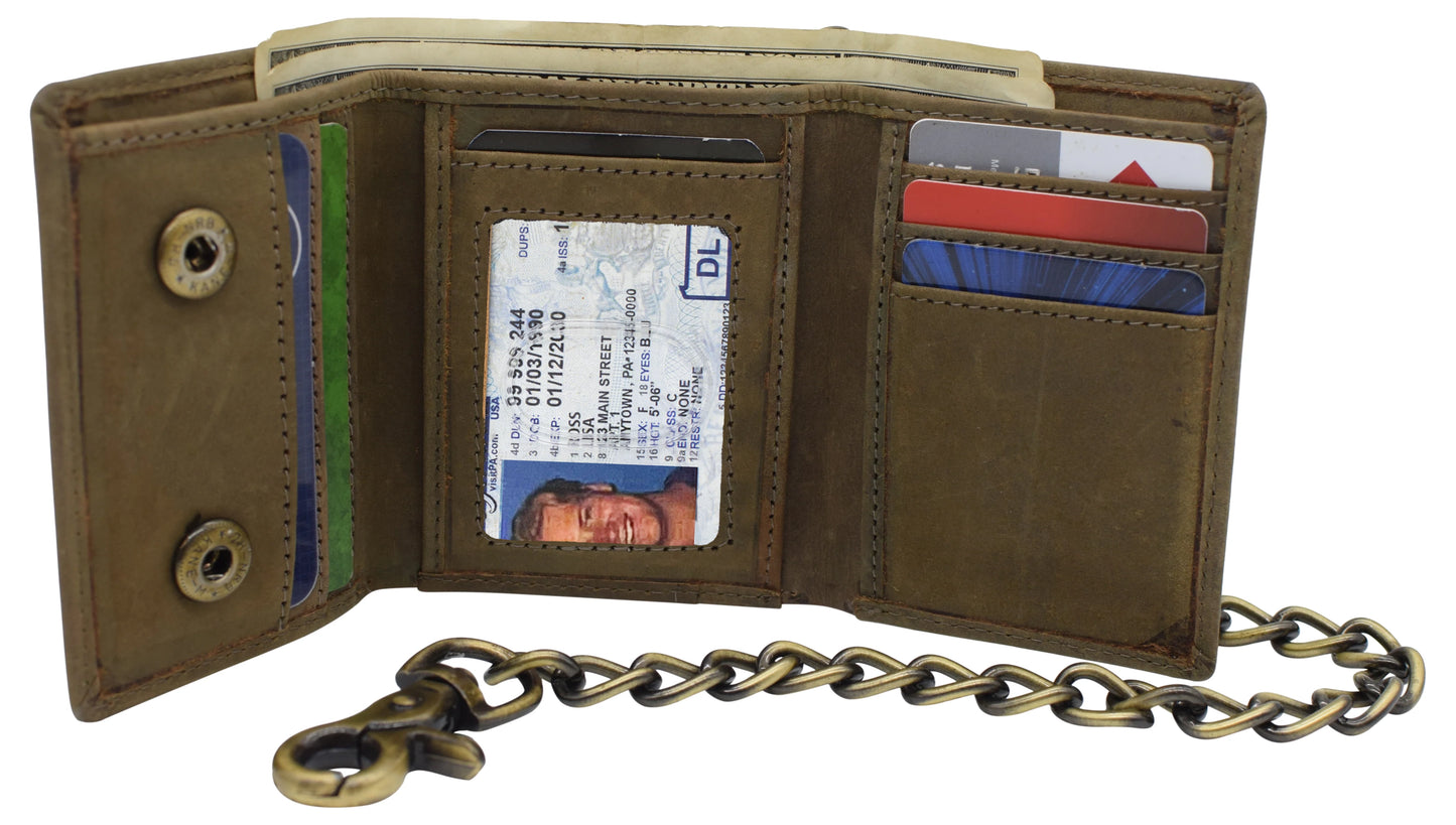 Men's Vintage Leather Biker Trifold Wallet Long Chain Trucker Motorcyclist