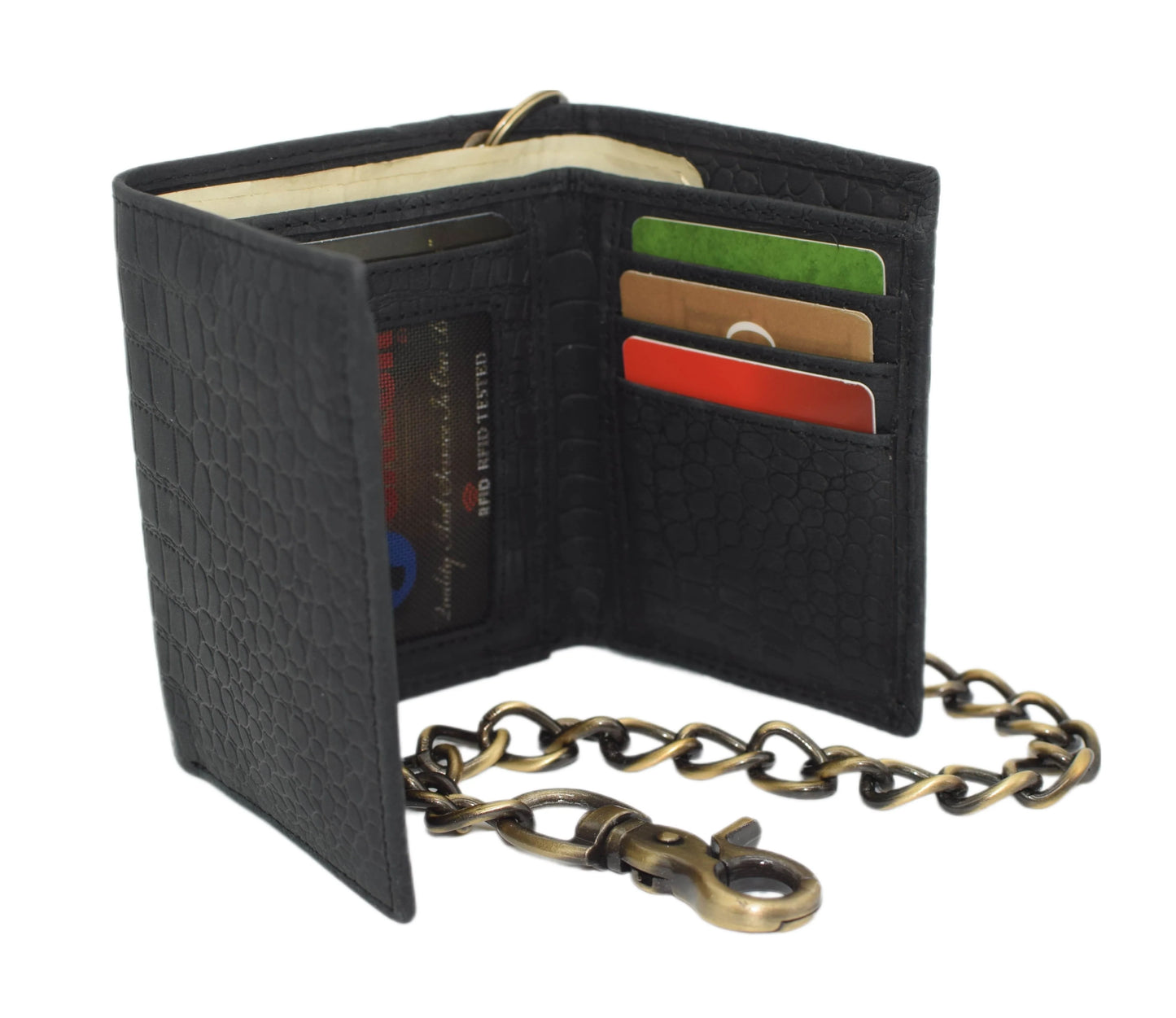 Men's Vintage Leather Biker Trifold Wallet Long Chain Trucker Motorcyclist