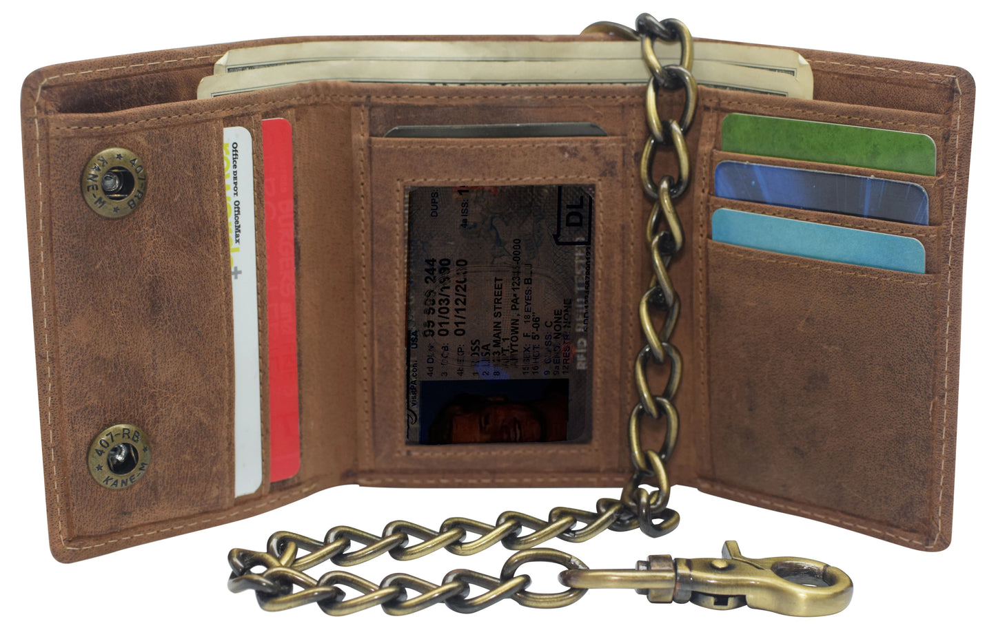 Men's Vintage Leather Biker Trifold Wallet Long Chain Trucker Motorcyclist