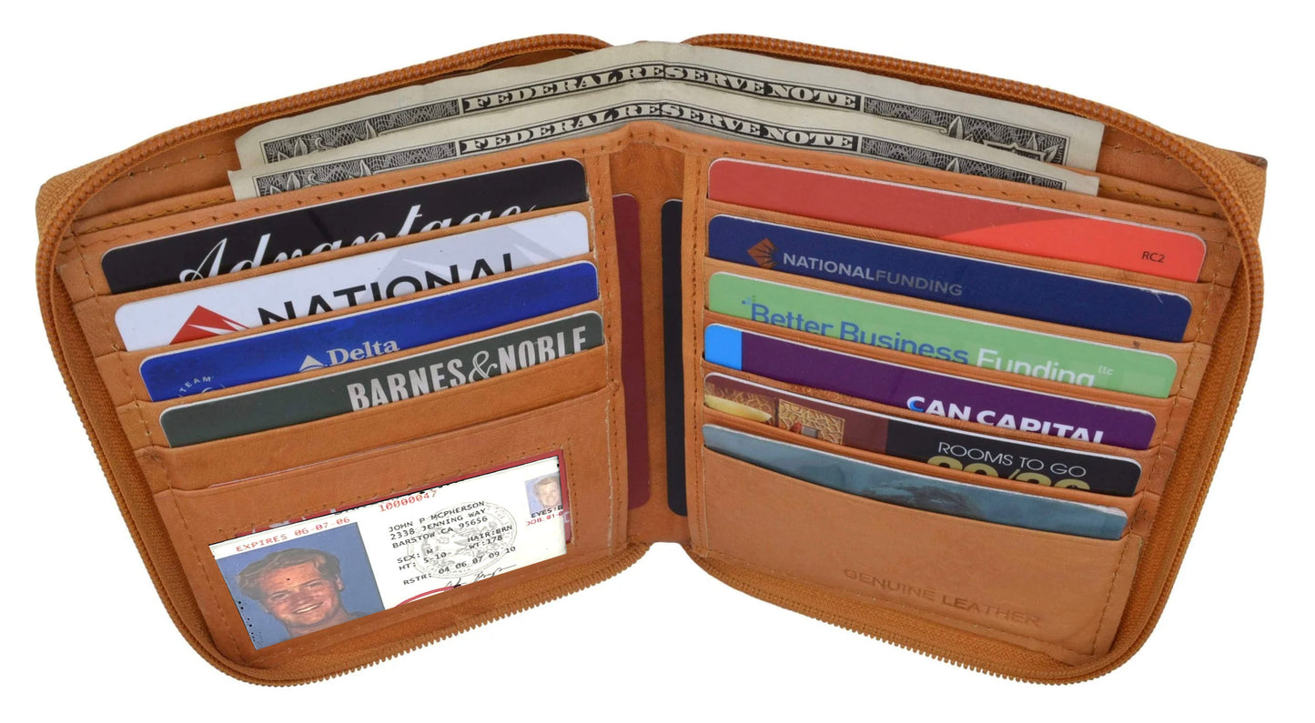 RFID Blocking Leather Zip-Around Credit Card Holder Men's Bifold Hipster Wallet