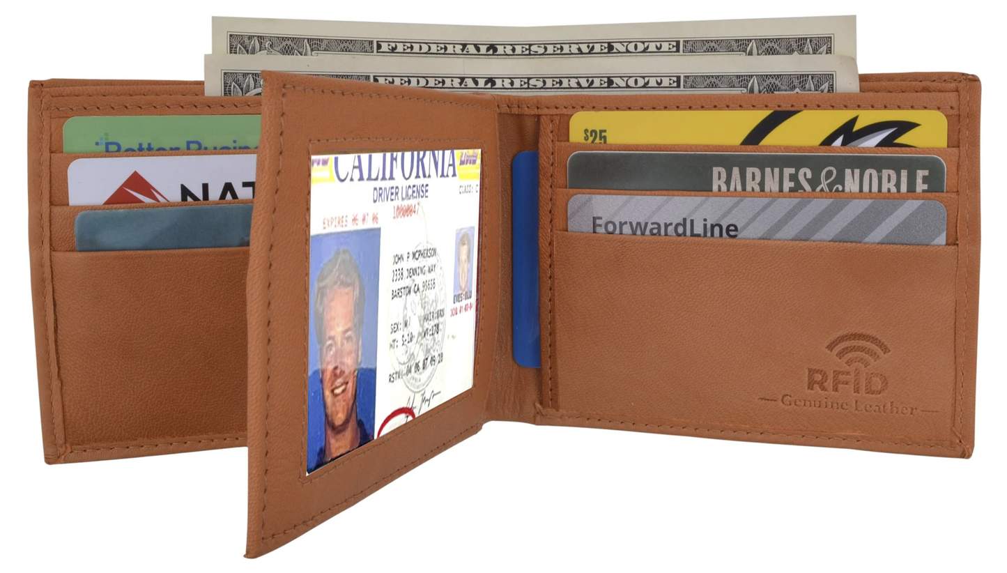 RFID Blocking Men's Genuine Cowhide Leather Premium Bifold Wallet Center Flap ID Card Holder