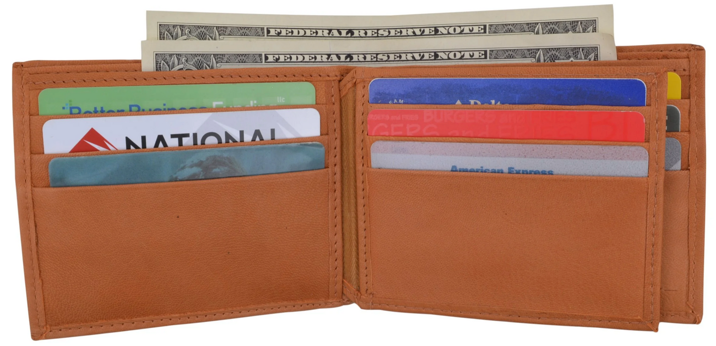 RFID Blocking Men's Genuine Cowhide Leather Premium Bifold Wallet Center Flap ID Card Holder