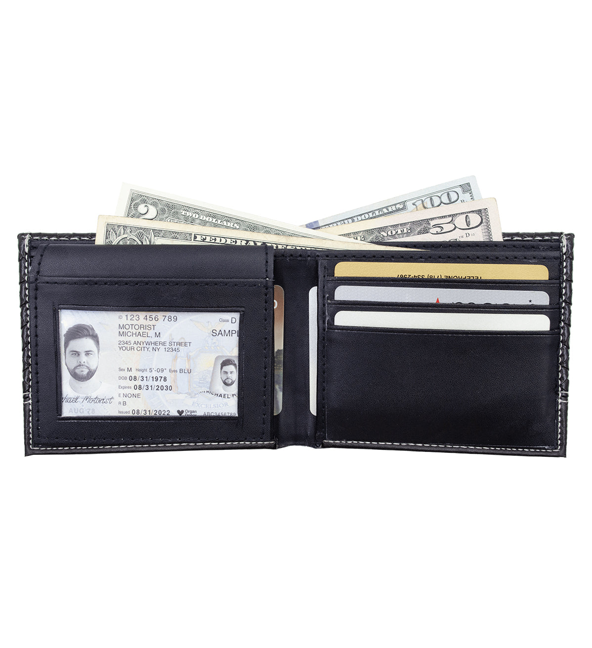 Black Woven Pattern Vegan Leather Men's Bifold Wallet Double Flap Holder