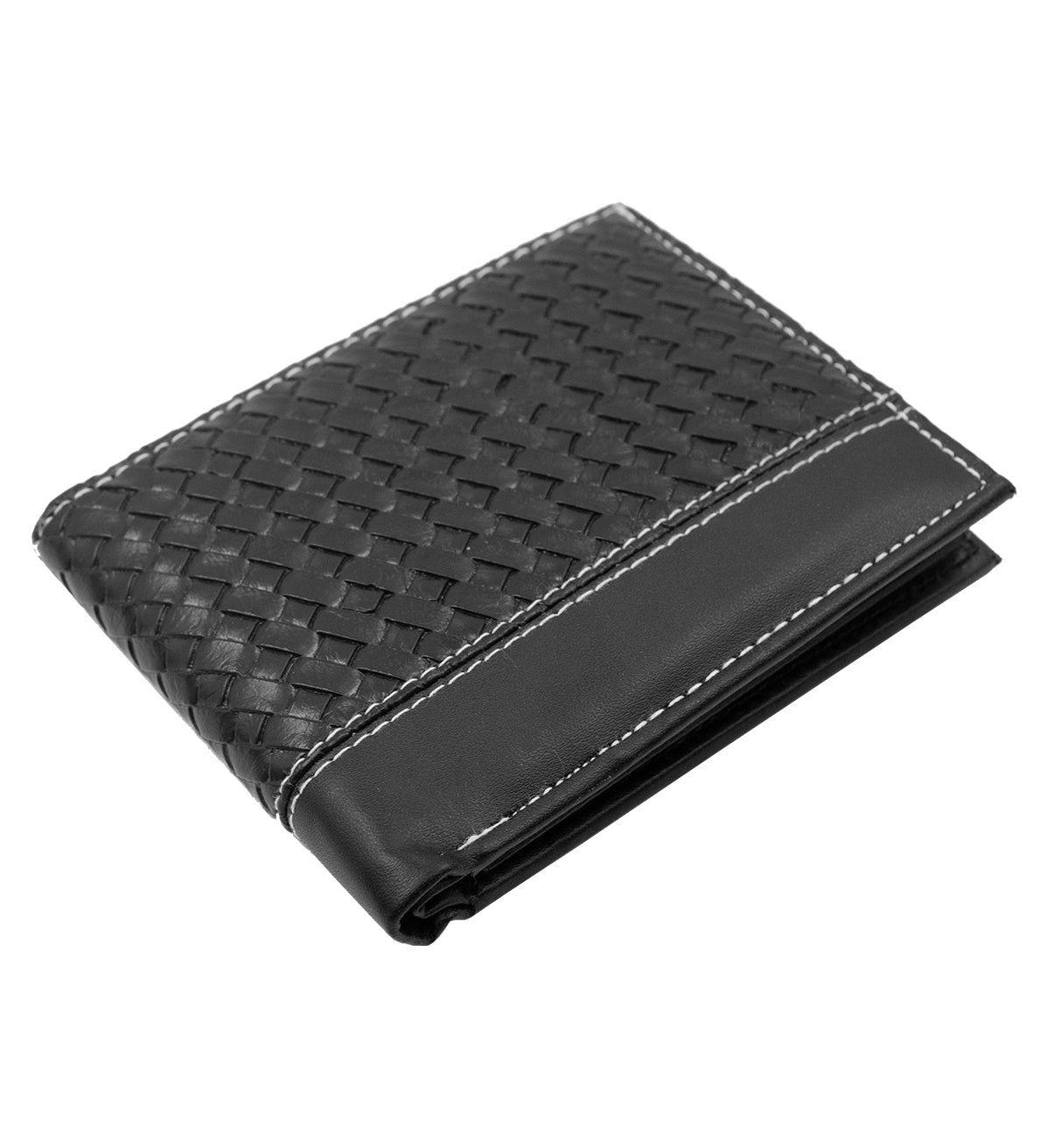 Black Woven Pattern Vegan Leather Men's Bifold Wallet Double Flap Holder