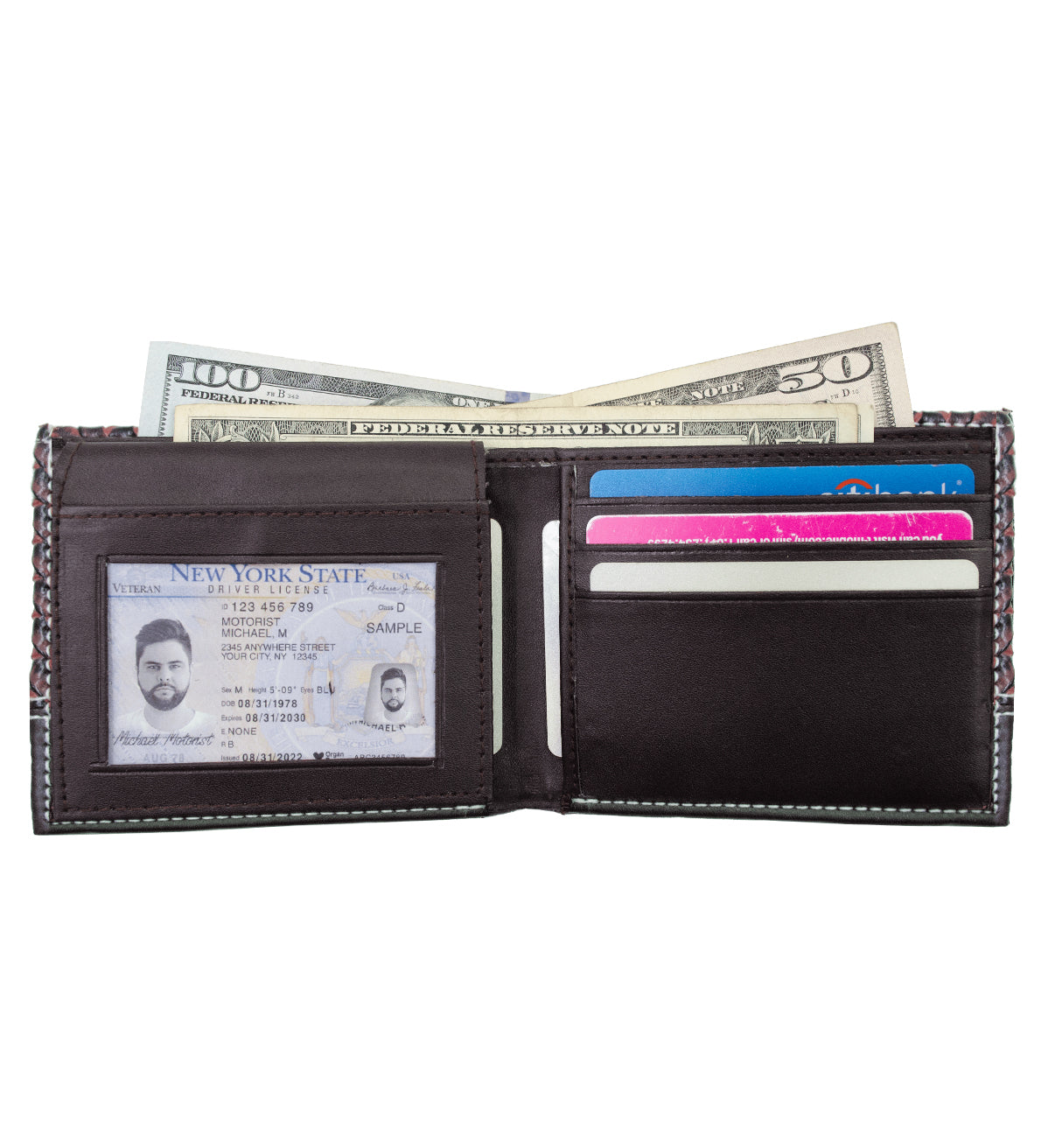 Black Woven Pattern Vegan Leather Men's Bifold Wallet Double Flap Holder