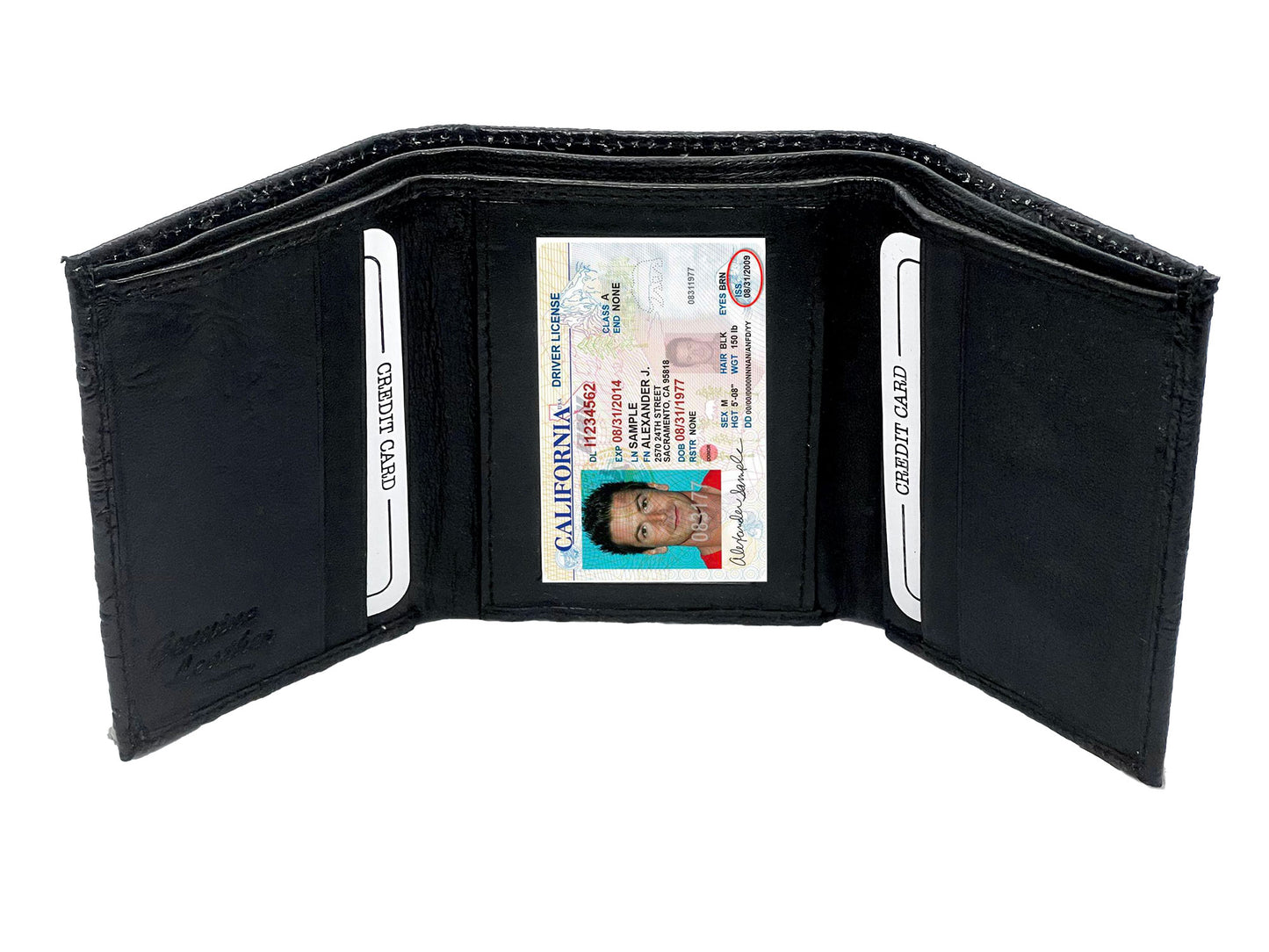 Genuine Leather Ostrich Print Men's Trifold Wallet Credit Card Holder ID Window